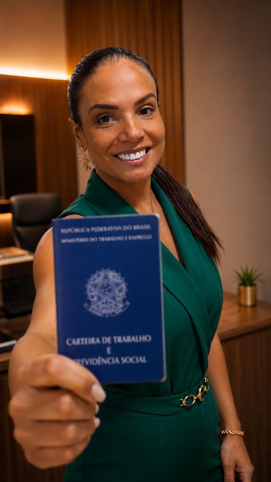 Gabrielle Leal segurando uma carteira de trabalho